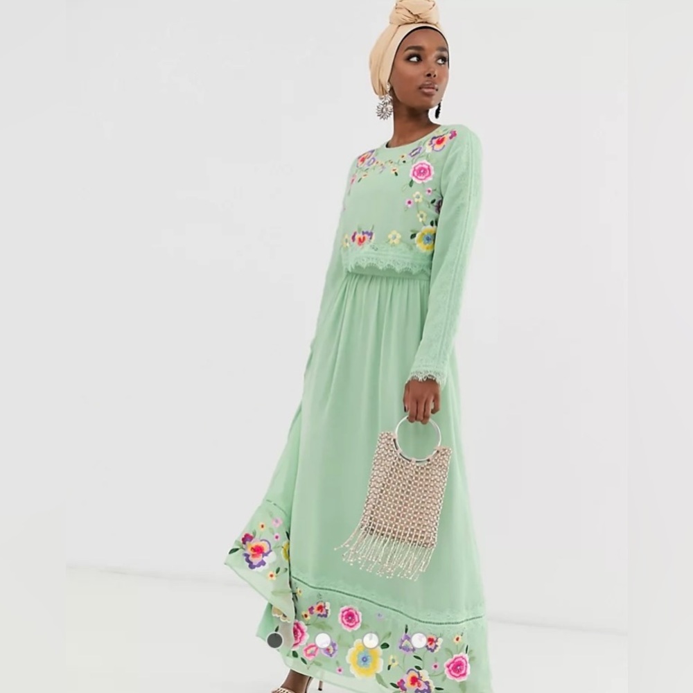 ISO - Asos Design Double Layer Embroidered Maxi Dress in Sage Green